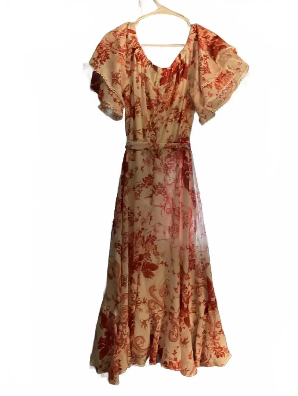 Gabby Skye White and Pink Floral Midi Dress with Ruffled Hem Size 10 - Picture 9 of 12